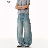 YOFA Jeans Baggy à Jambes Larges en Coton Épais Multi-Poches pour Hommes, Denim Désstructuré, Logo, Vente en Gros Usine