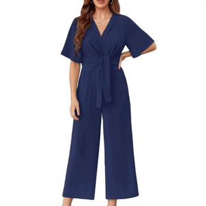 Nouvelle arrivée estivale Combinaison femme unie à col en V, taille nouée, manches courtes, simple et tendance - Product Image 5