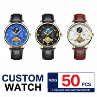 TEVISE T820B Maßgefertigte Herren Automatik-Mechanische Uhr Lederarmband Mondphase Tourbillon Leuchtend Wasserdicht Luxus Geschäftsuhr