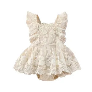 Boho Vintage Kant Gebloemd Borduurwerk Ruche Rok Romper 1e Verjaardagstaart Smash Jurk Boho Baby Kant Bloem Tutu Romper