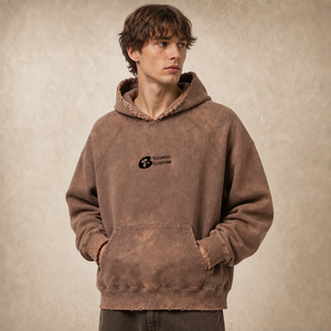 Sweat-shirt à capuche oversize en molleton épais délavé à l'acide avec bordure effilochée et poche kangourou - Product Image 2