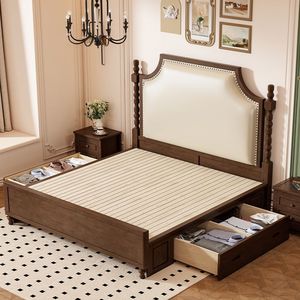 French Retro Solid Wood Storage Bed 1.5M Upholstered American <b>Walnut</b> Color Master Bedroom Double Bed - Product Image 2