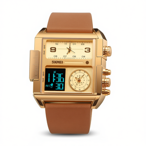 Reloj de Cuarzo Analógico-Digital para Hombre SKMEI con Correa de Cuero, Caja Rectangular Dorada, Diseño Deportivo, Esfera de 43 mm, Cierre de Hebilla - Product Image 1
