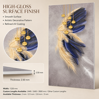 Panneau mural décoratif en PVC brillant MORLENX Blue Gold Feather UV Board pour la décoration intérieure de chambres d'hôtel de luxe