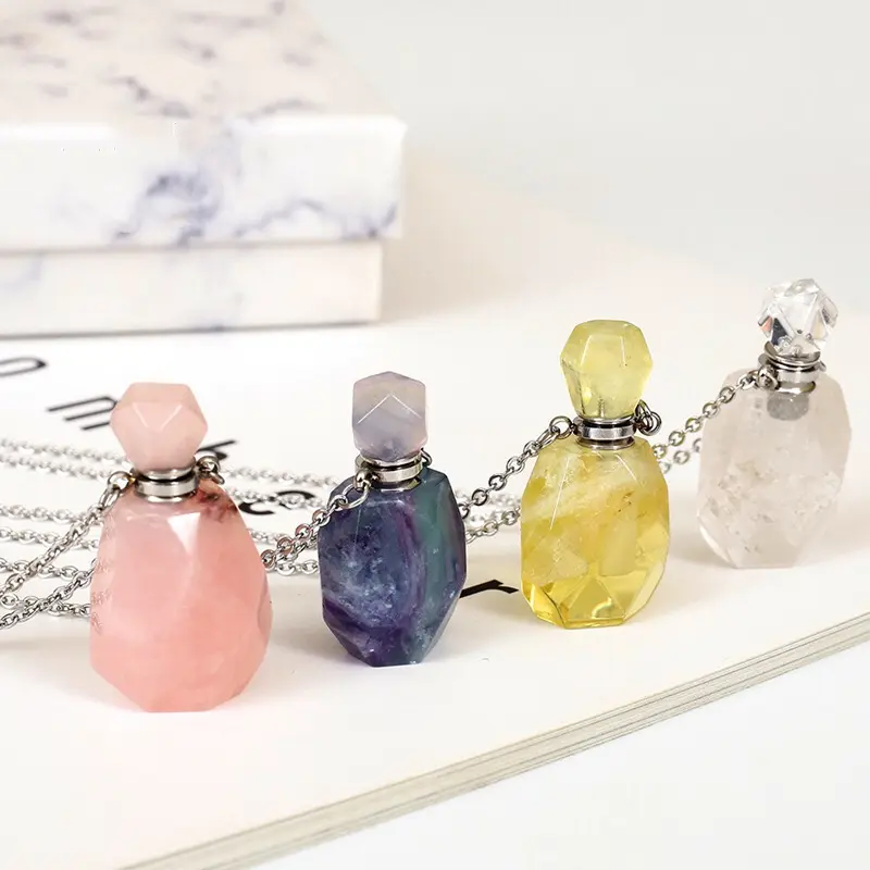 Crystal Necklaces Faceted Crystal Amethyst Rose Quartz Nature Stone Perfume Bottle Pendant for Women Diffuser Necklaces
