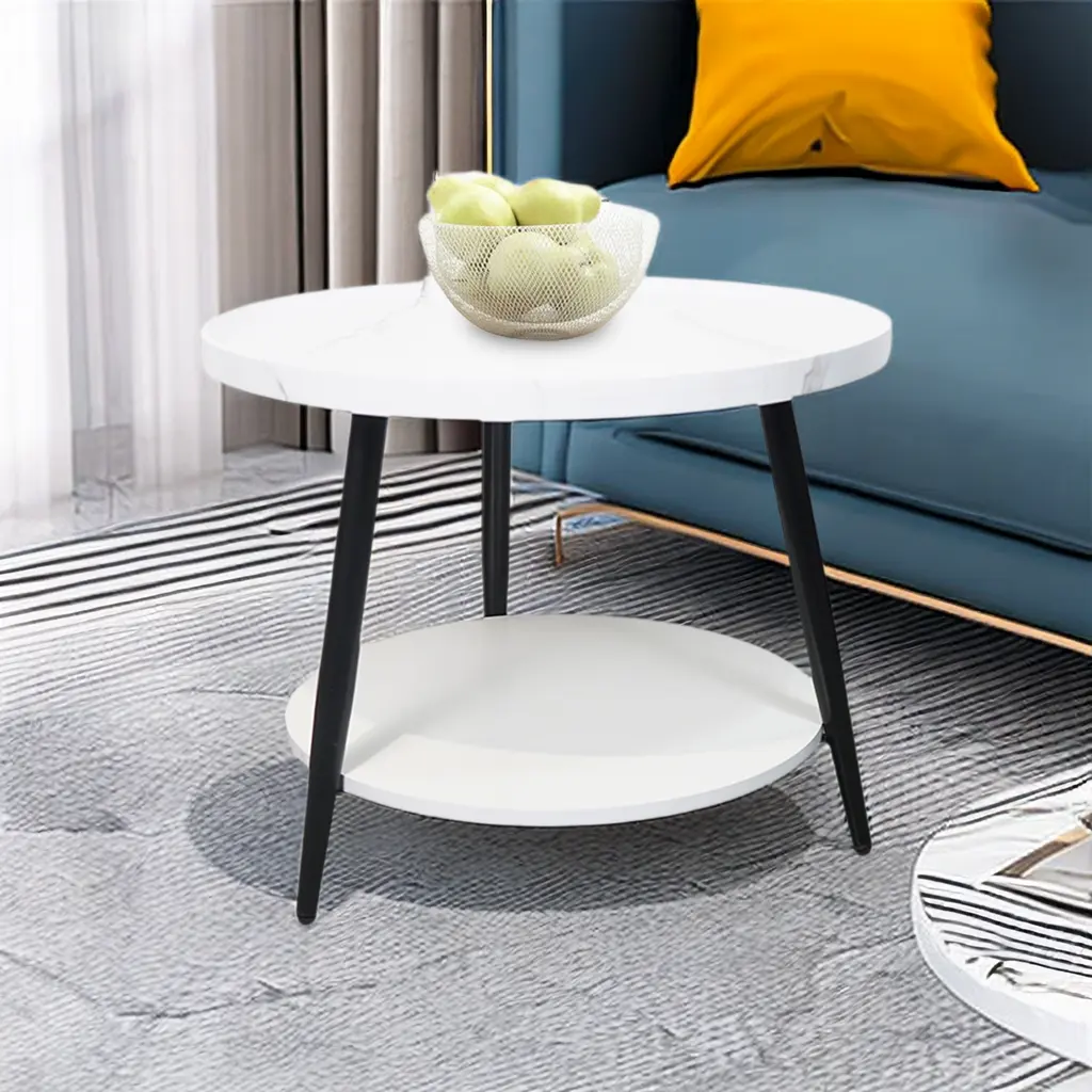 リビングルームとベッドルームのコーヒーテーブル用の頑丈なスチールフレームMDF木製家具を備えたモダンなデザイン2層サイドテーブルティーテーブル
