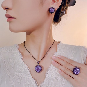 Vintage Eco-friendly Copper Purple Stone Zirconia Jewelry Set 16-10mm Purple Zircon Black Gold Elegant Pendant <b>Earring</b> Ring Set - Product Image 5