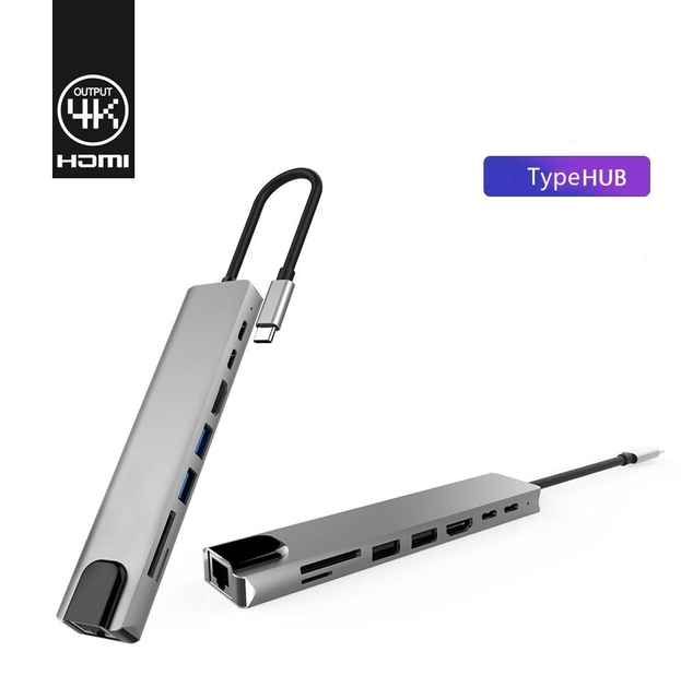 USB Type C Hub 8 in 1 USB 3.0 Type-C Hub 4K HDMI Portable PD Fast Charging Docking Station Multiport Adapter
