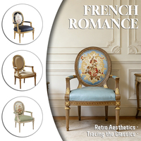 Fauteuil de salon de style européen romantique à dossier rond, en cuir noir, vintage, en bois massif français, avec accoudoirs