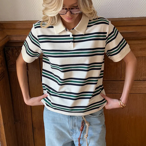 <span class=keywords><strong>Polo</strong></span> rayé rétro américain pour <span class=keywords><strong>femme</strong></span>, haut en tricot à manches courtes de couleur contrastante, style preppy, chemisier décontracté ample - Product Image 6