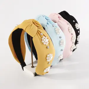 Элегантная винтажная повязка на голову с жемчугом и цветами, гламурные яркие цвета, простые тканевые повязки для волос с узлом