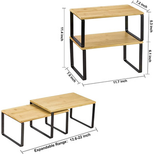 Bamboo And Iron Storage Rack 2 Tier Wooden <b>Shelf</b> For Kitchen Condiments And Miscellaneous Items Standing Type Durable - Product Image 2