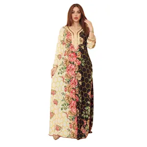 Impression de fleurs tissu élastique lâche modèle décontracté dubai femmes musulmanes caftan robes caftan marocain
