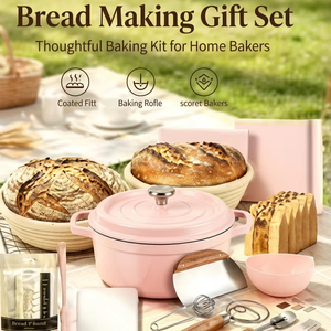 Set de Regalo para Hacer Pan de Levadura Rosa, Kit Completo para Hornear Pan Artesanal con Olla Esmaltada y <span class=keywords><strong>Cesta</strong></span> de Fermentación (Banneton) - Product Image 1