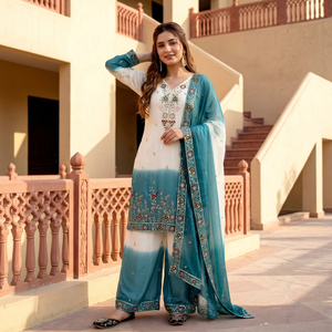 Ensemble Salwar brodé blanc et vert sarcelle pour femme avec dupatta, coupe ample, style traditionnel indien pakistanais, longueur ras du sol - Product Image 1