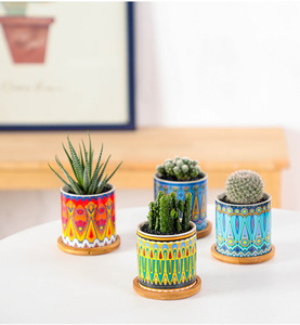 Décorations intérieures pour la maison, petit pot de fleurs miniature en céramique, pots pour plantes succulentes, pot bohème pour cactus avec drainage et <span class=keywords><strong>plateau</strong></span> en bambou - Product Image 1