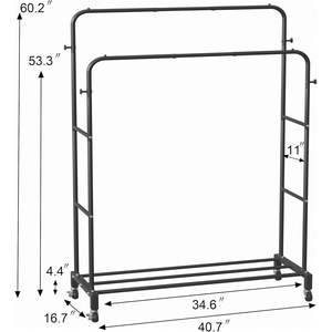 Porte-vêtements moderne en aluminium à double barre, noir, portable, système de suspension de vêtements multifonction à 3 niveaux, 4 crochets, roulettes, salon - Product Image 6
