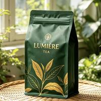 Sachet de thé personnalisé 100g à fond plat, doublure en feuille d'or mat, haute barrière, refermable avec fermeture éclair, conception gratuite, usine OEM