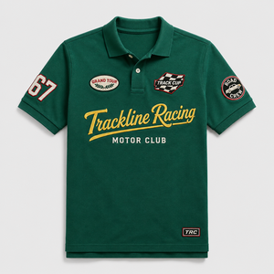 เสื้อเชิ้ตผู้ชายสไตล์วินเทจสำหรับแฟนมอเตอร์ไซค์และนักขี่มอเตอร์ไซค์ ผ้าปิเก้ถักแขนสั้น ปักลายหลายจุด พร้อมตราสัญลักษณ์แบบกำหนดเอง ODM - Product Image 3