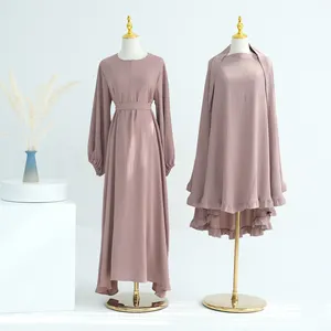 祈祷阿巴亚2024伊斯兰服装皱纹涤纶阿巴亚女性穆斯林服装搭配Khimar 2件套阿巴亚套装
