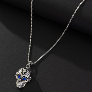 Skull Gemstone <b>Necklace</b> Zinc Alloy Antique Silver Sapphire Bezel Setting Themed Pendant Hip Hop Chain Fashion Jewelry - Product Image 1