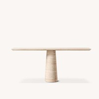Table à manger élégante et moderne en travertin, piédestal conique, pierre beige, bord arrondi, pour salon, pièce maîtresse de la maison, personnalisable OEM