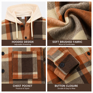 Chaqueta de Franela con Capucha para Hombre, Tejido Cepillado Cálido, Corte Holgado, Cierre de Botones, Manga Larga, para Otoño e Invierno, Estilo Urbano - Product Image 6