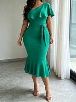 Robe mi-longue sans bretelles à volants pour femmes, taille plus, style décontracté