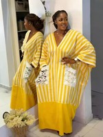 Nouvelle Robe Décontractée Femme 2026 Africaine à Rayures Violettes et Blanches, Col en V, Manches Chauve-Souris, Coupe Ample, avec Dentelle et Poches