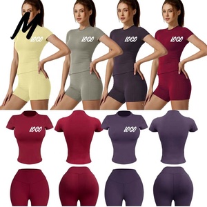 Conjuntos Deportivos para Mujer, Top Corto <span class=keywords><strong>Ajustado</strong></span> con Efecto Levanta Glúteos, Manga Corta, Pantalones Cortos Deportivos para Correr, Entrenamiento, Gimnasio, Trajes Deportivos Transpirables - Product Image 1
