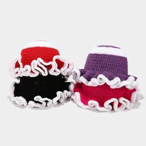 ファッション性 豊か な 個性的 な 手編み 帽子、マルチカラー フリルエッジ クロシェ ビーニー バケットハット レディース - Product Image 5