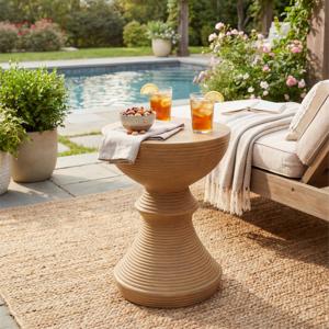 Ribbed Natural Concrete Outdoor Side <b>Table</b> 16 In Hourglass Design Weather Resistant <b>Patio</b> Garden Balcony Accent - Product Image 1