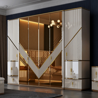 Ensemble de chambre à coucher de luxe rembourré à finition brillante avec lit de rangement, armoire et commode pour villa, hôtel ou usage domestique