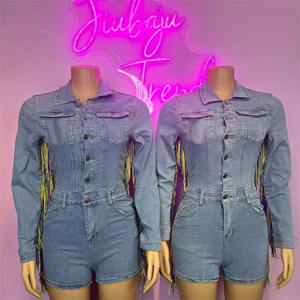 Tuta Intera in Denim Blu con Frange alla Moda per Donne, Jumpsuit Stile <span class=keywords><strong>Cowboy</strong></span> a Maniche Lunghe per Mardi Gras - Product Image 1