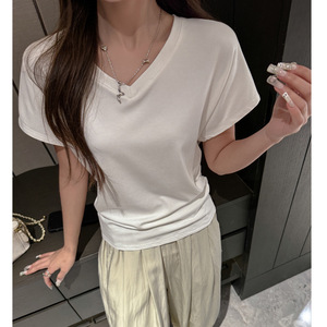 T-shirt basique à col en V pour <span class=keywords><strong>femme</strong></span>, coupe ample, <span class=keywords><strong>manches</strong></span> <span class=keywords><strong>courtes</strong></span> à épaules dégagées, <span class=keywords><strong>manches</strong></span> chauve-souris, style décontracté, haut personnalisé - Product Image 3