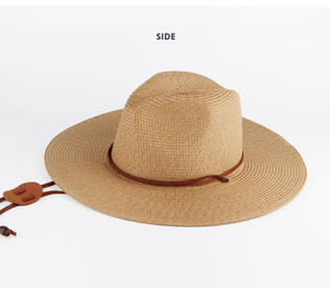 Topi Fedora tepi lebar jerami musim panas wanita dengan tali angin topi pantai pelindung matahari perjalanan topi koboi - Product Image 5