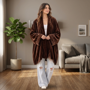 PRABHAVA Women's Brown Velvet Viscose/Polyester Collarless Long Kimono <b>Cardigan</b> Loose Fit <b>Midi</b> Length Casual Winter Outerwear - Product Image 3