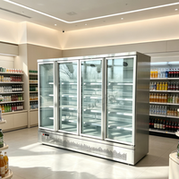 Vitrine réfrigérée verticale à quatre portes vitrées avec congélateur bas, réfrigérateur commercial pour boissons, fruits, gâteaux et lait