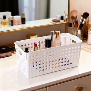 Storage Basket Rectangle White Plastic Desktop Organizer For Cosmetics <b>Makeup</b> Storage <b>Drawer</b> Container With Handles - Product Image 1