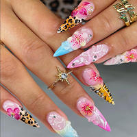 Lot de 24 faux ongles semi-artisanaux à presser, motifs colorés printemps-été, avec fleurs 3D, perles et strass œil de chat, fabrication machine.