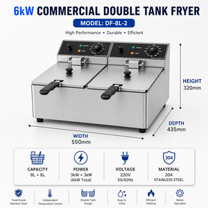 Friteuse professionnelle double cuve en acier inoxydable 304 robuste 6KW avec paniers amovibles - Product Image 6