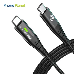 Phone Planet LED Fast Charging Cable PD 100W USB C to USB C Mobile Phone Charger Cable Android Nylon Braided 2M type c cable