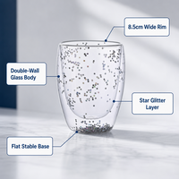 Vaso de Vidrio Reutilizable de Doble Pared con Aislamiento Térmico, Diseño de Estrellas Brillantes, 350 ml, Dorado y Plateado, para Fiestas en Casa, Bar, Café, Té, Cócteles, Regalo