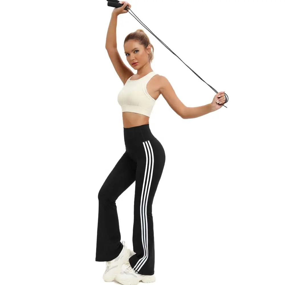 Vêtements de sport pour femmes respirant spécial ceinture taille haute pantalons de Yoga 3 pièces bandes latérales évasées pantalons de Yoga Leggings pour femmes