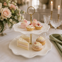 Assiettes décorées à bordure perlée en mélamine blanche écologique à deux niveaux, personnalisées haut de gamme, vente en gros, pour gâteaux, mariages et fêtes d'anniversaire