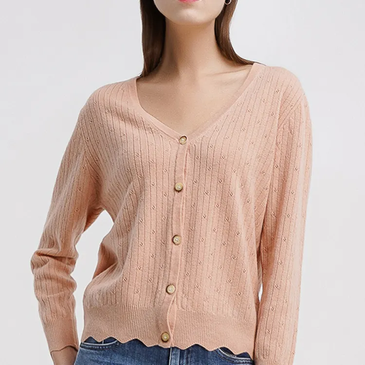 OEM Lady Sweater Cardigans Women's Solid Sweater Cotton Crocheted Plain Anti Wrinkle Casual Sweater V Neck Spring Cardigans