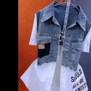 Camisa de mezclilla de dos piezas estilo nuevo 2026 con rayas y diseño de letras para mujer - Camisa de abrigo de manga larga a la moda - Product Image 6