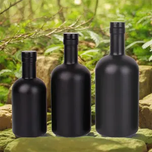 Wholesale Round Brandy Wine Liquor Glass Bottles Matte Black Vodka Bottle With Cap