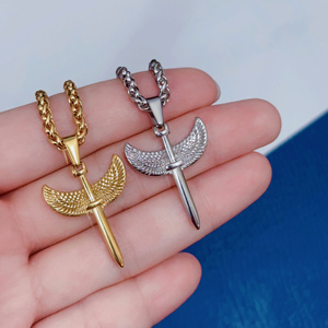 Punk 18k plaqué or bijoux ange aile épée collier pour hommes <span class=keywords><strong>non</strong></span> ternir acier inoxydable rose croix pendentif collier personnalisé - Product Image 6