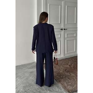 <b>Navy</b> <b>Blue</b> Oversize Women's Suit Set 100% Cotton Oxford Fabric Anti-Wrinkle Wide Leg Pants Long Sleeve <b>Blazer</b> - Product Image 1